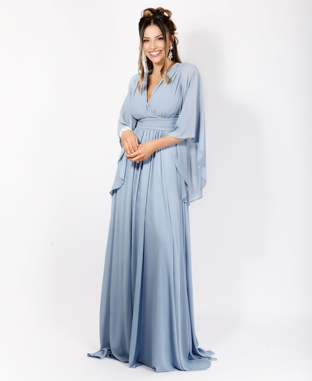 Long Sleeve Chiffon Wrap Maxi Dress Dusty Blue